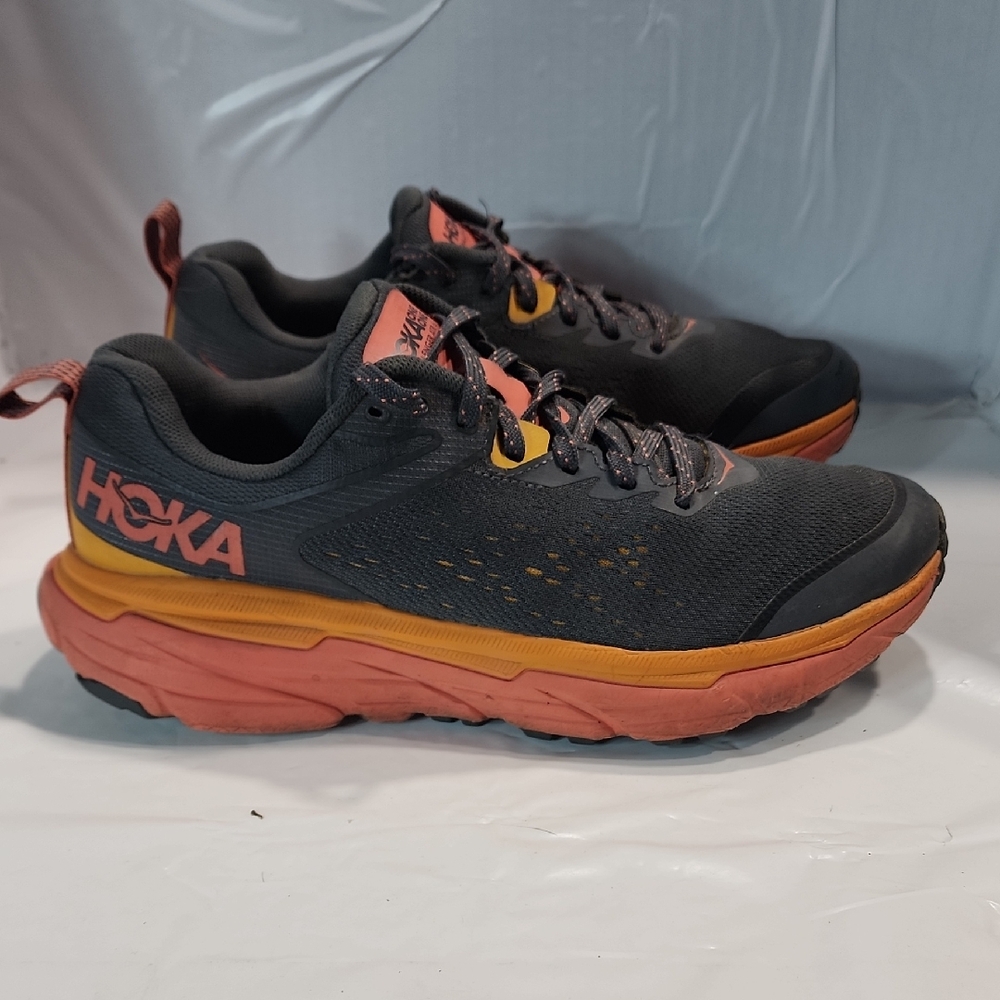 Hoka Women's Black with Coral and Yellow Athletic Trail Shoes